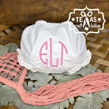 Load image into Gallery viewer, Monogrammed Heirloom Lace Trim Baby Bloomers