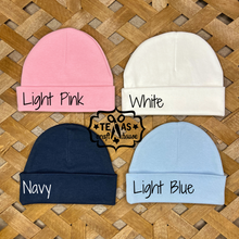 Load image into Gallery viewer, Monogrammed Newborn Baby Hat with Faux Leather Patch