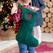 Load image into Gallery viewer, Monogrammed Cable Knit Christmas Stocking with Faux Leather Patch