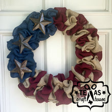 Load image into Gallery viewer, Burlap Americana Wreath with Starfish or Metal Stars
