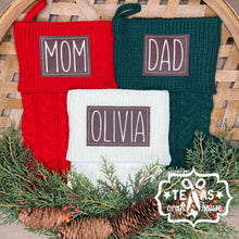 Load image into Gallery viewer, Monogrammed Cable Knit Christmas Stocking with Faux Leather Patch