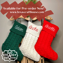 Load image into Gallery viewer, Monogrammed Cable Knit Christmas Stocking with Faux Leather Patch