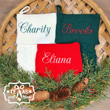 Load image into Gallery viewer, Monogrammed Cable Knit Christmas Stocking with Faux Leather Patch