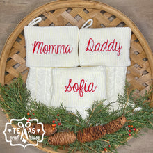 Load image into Gallery viewer, Monogrammed Cable Knit Christmas Stocking with Faux Leather Patch