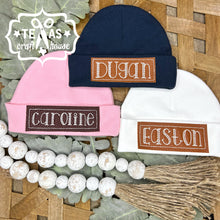 Load image into Gallery viewer, Monogrammed Newborn Baby Hat with Faux Leather Patch