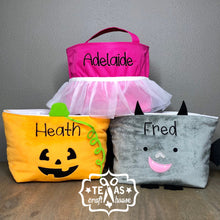 Load image into Gallery viewer, Personalized Plush Pumpkin or Bat Halloween Trick or Treat Bag
