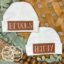 Load image into Gallery viewer, Monogrammed Newborn Baby Hat with Faux Leather Patch
