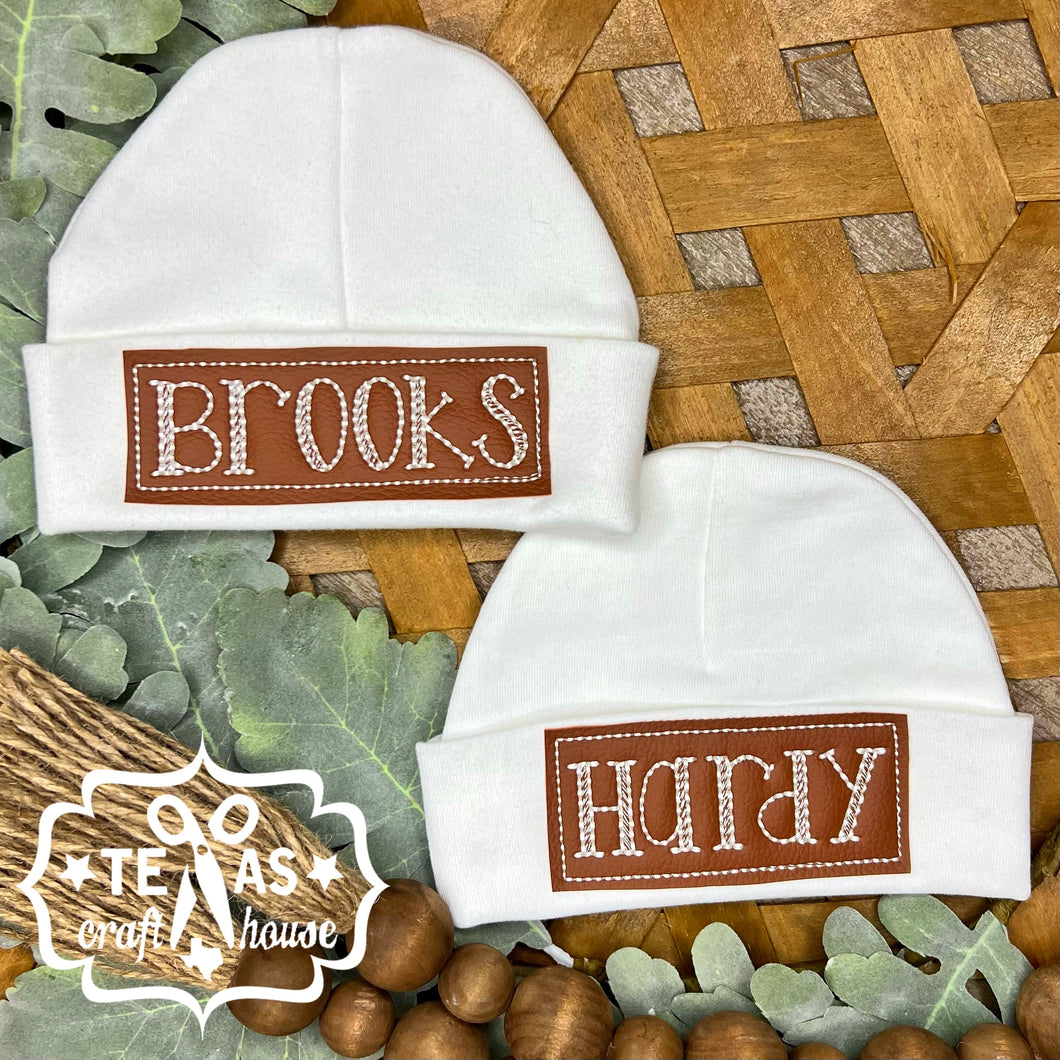 Monogrammed Newborn Baby Hat with Faux Leather Patch