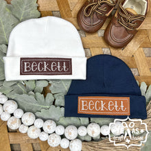 Load image into Gallery viewer, Monogrammed Newborn Baby Hat with Faux Leather Patch
