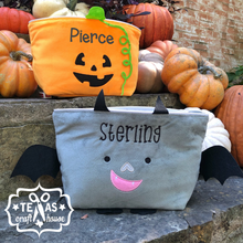 Load image into Gallery viewer, Personalized Plush Pumpkin or Bat Halloween Trick or Treat Bag
