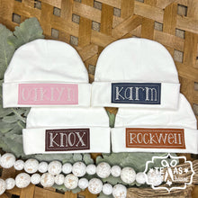 Load image into Gallery viewer, Monogrammed Newborn Baby Hat with Faux Leather Patch
