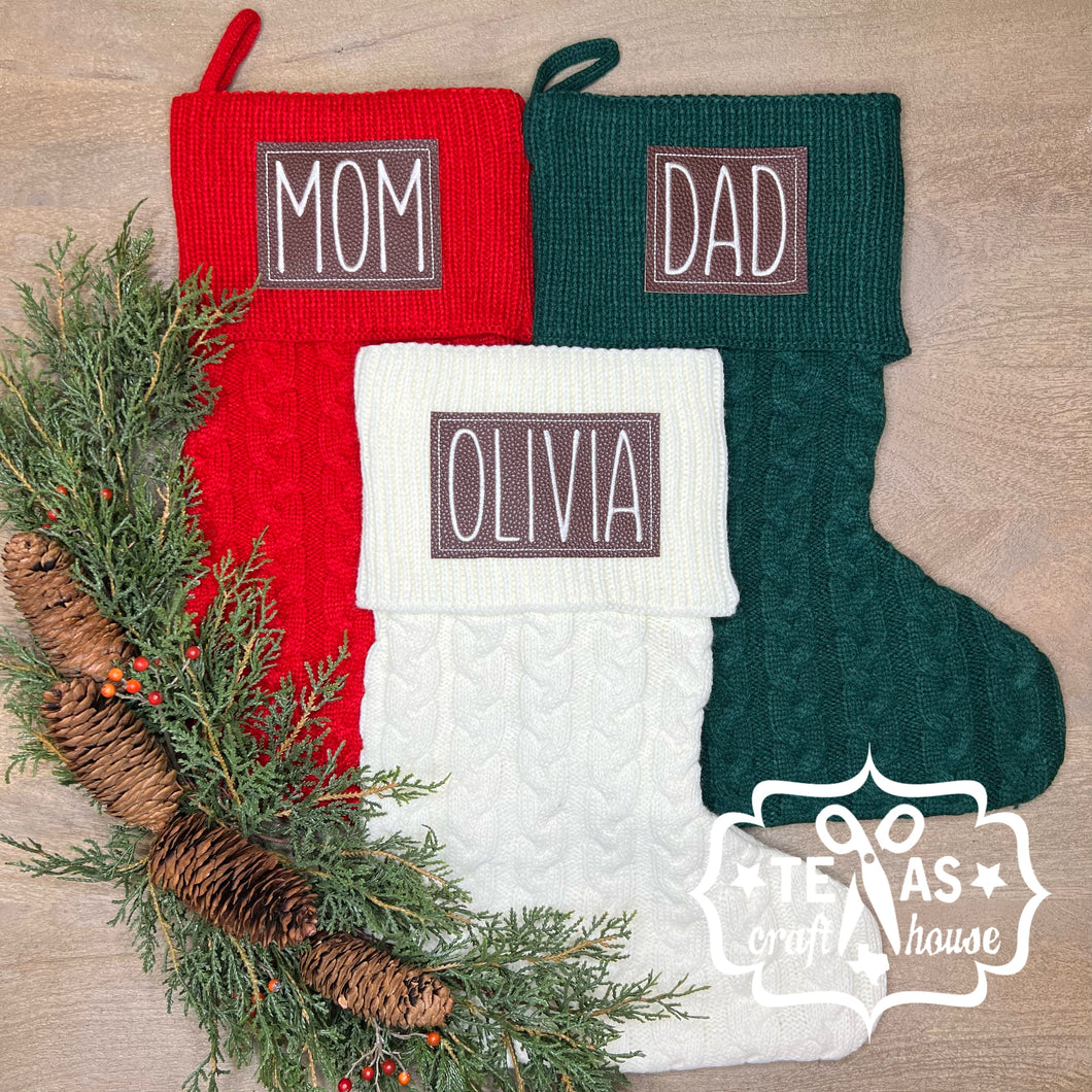 Monogrammed Cable Knit Christmas Stocking with Faux Leather Patch